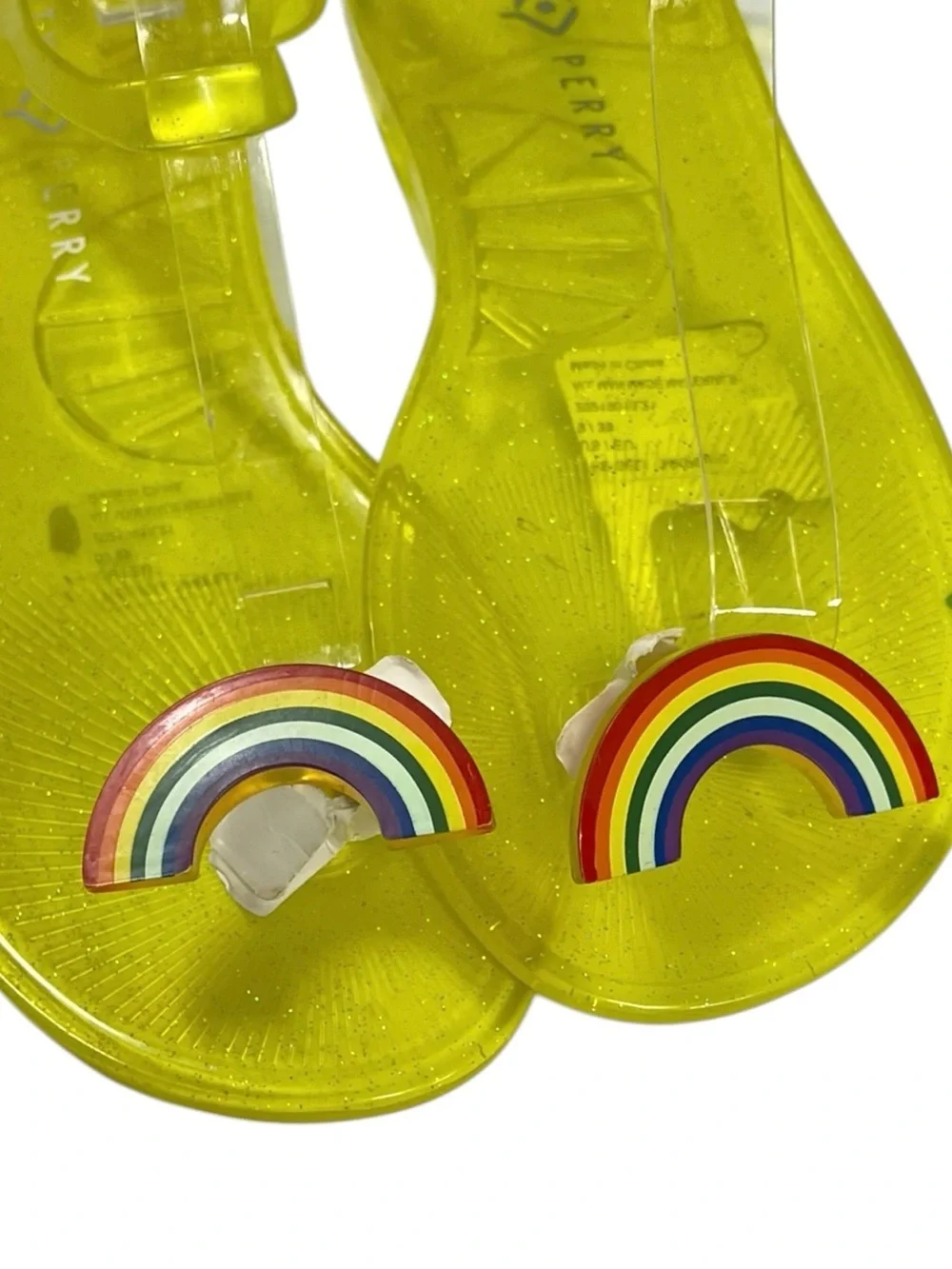 🌈NEW w/tag Katy Perry Geli Sandals Yellow Rainbow Glitter Jelly Sandals Size 9